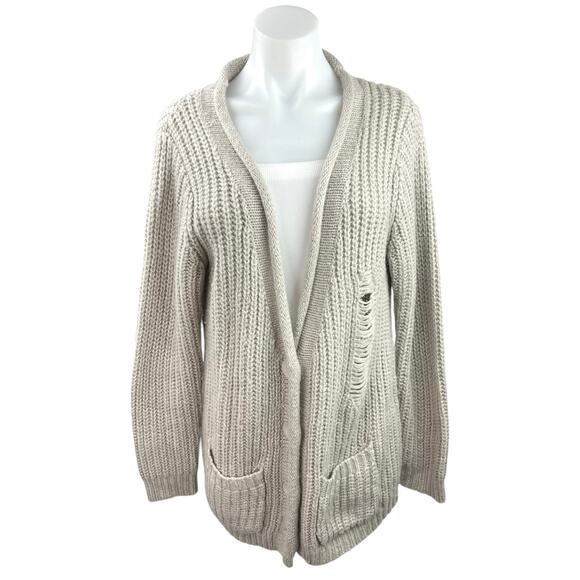 Anthropologie POL Cream Chunky Knit Distressed Pocket Cardigan Sweater Top Sz L - Picture 1 of 5